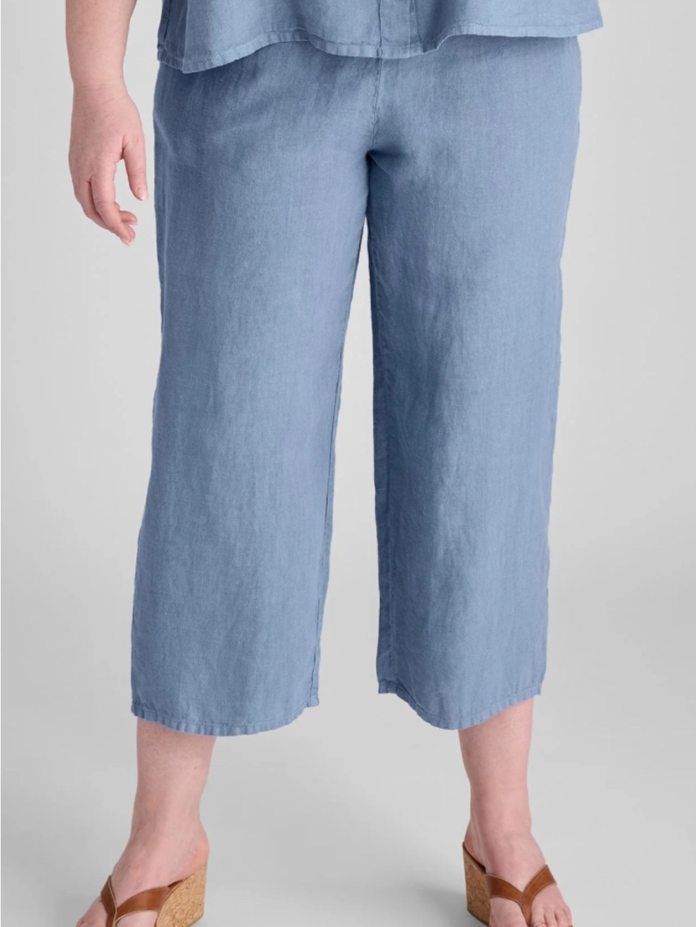 Flax Ladies Plus Size Lagenlook Blue Organic Linen Cropped Pants in 2X D48